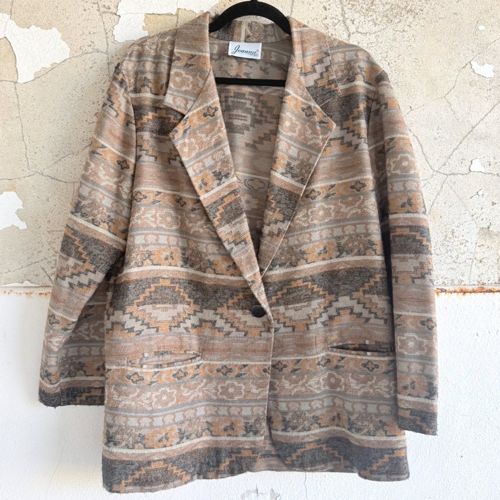 Vintage Tapestry Blazer Jacket Southwestern Tribal Boho Oversized Coat Joanna L